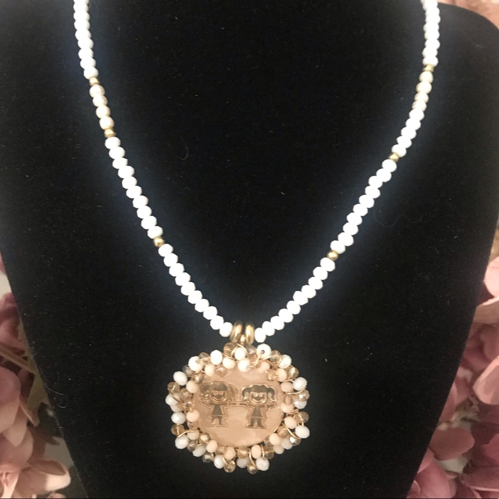 HANDMADE White/Cream Necklace Two Girl Charm Gold